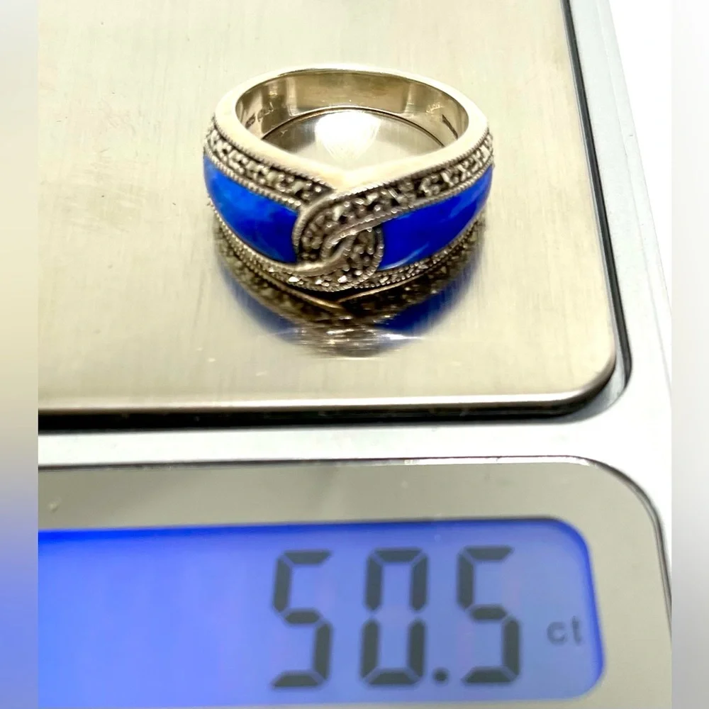Rare Real Lapis Lazuli 925 Sterling Marcasite Heavy Weight Band Ring 8